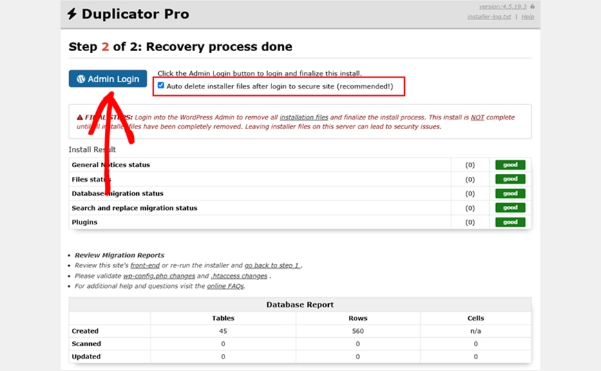 Duplicator Pro recovery process done
